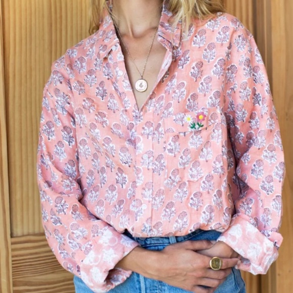 Emerson Fry India Collection Ryan Shirt Block Print Embroidered Flowers Size XS - Picture 4 of 11